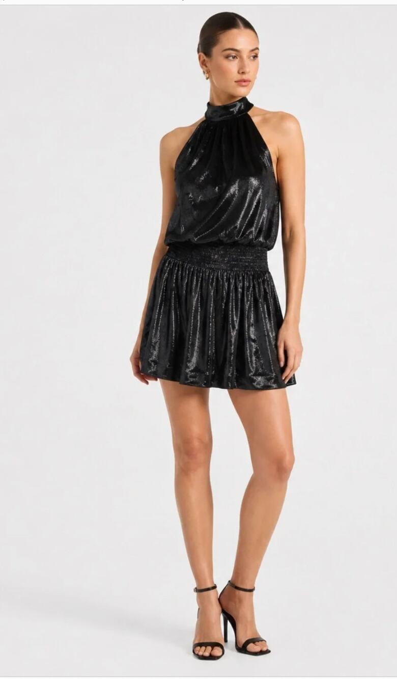 Ramy Brook Ellin Black Velvet Dress Shimmer Sparkly LBD Halter Size S